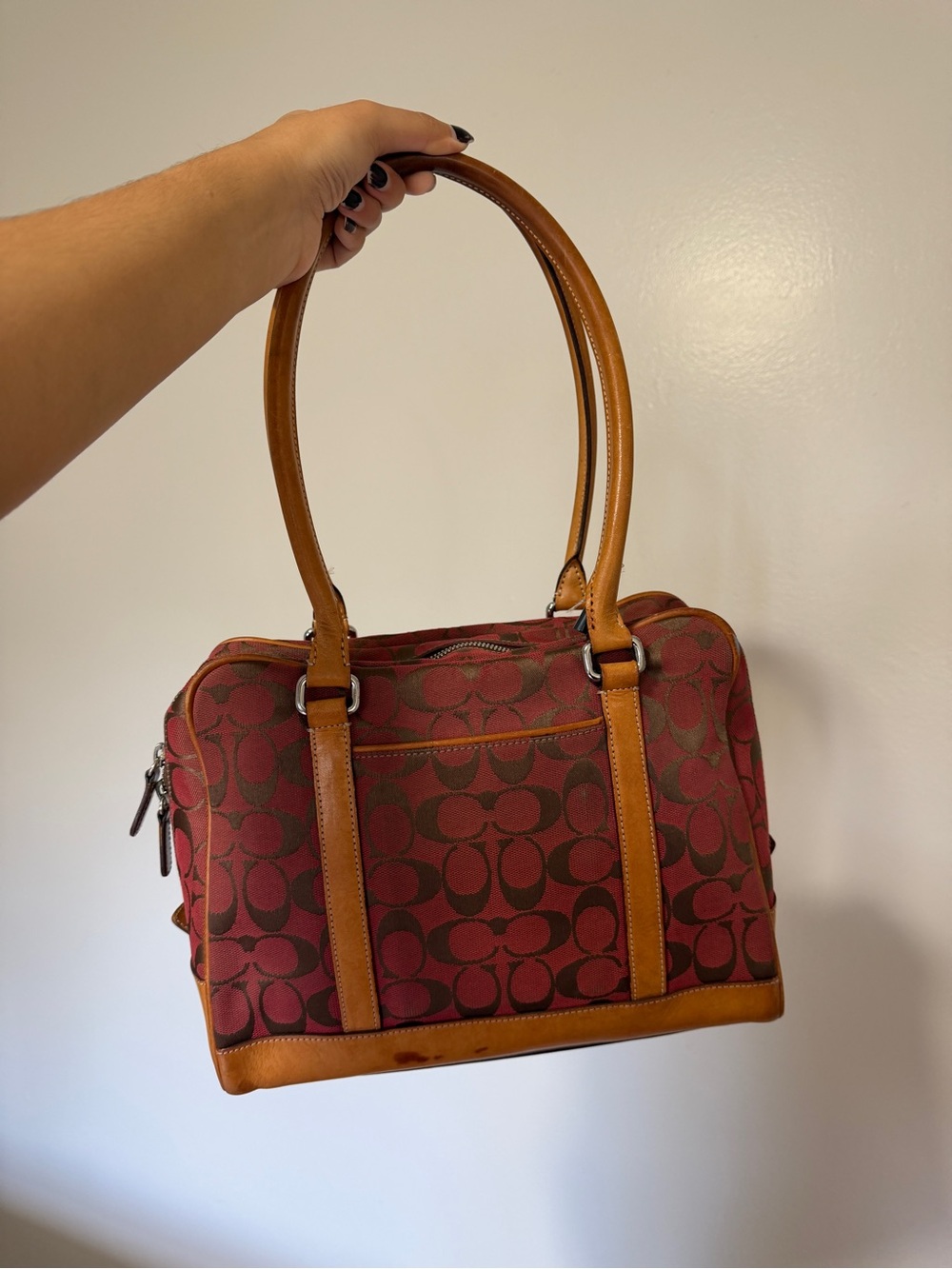 Coach Red Signature Canvas Shoulder Bag with Tan Leather Trim